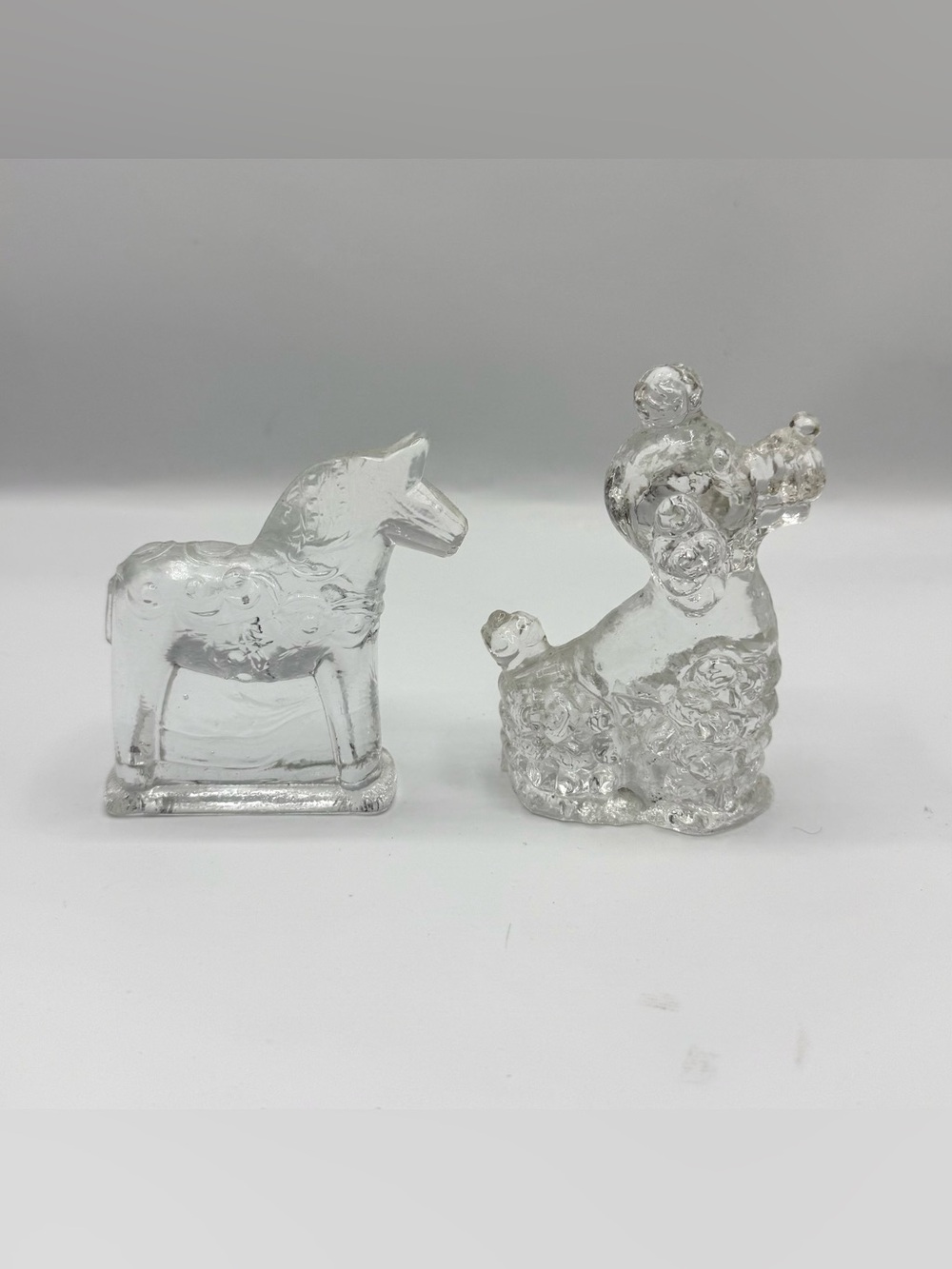 Vintage Pressed Glass Horse Poodle Figurines Pair Miniature Animal Paperweight